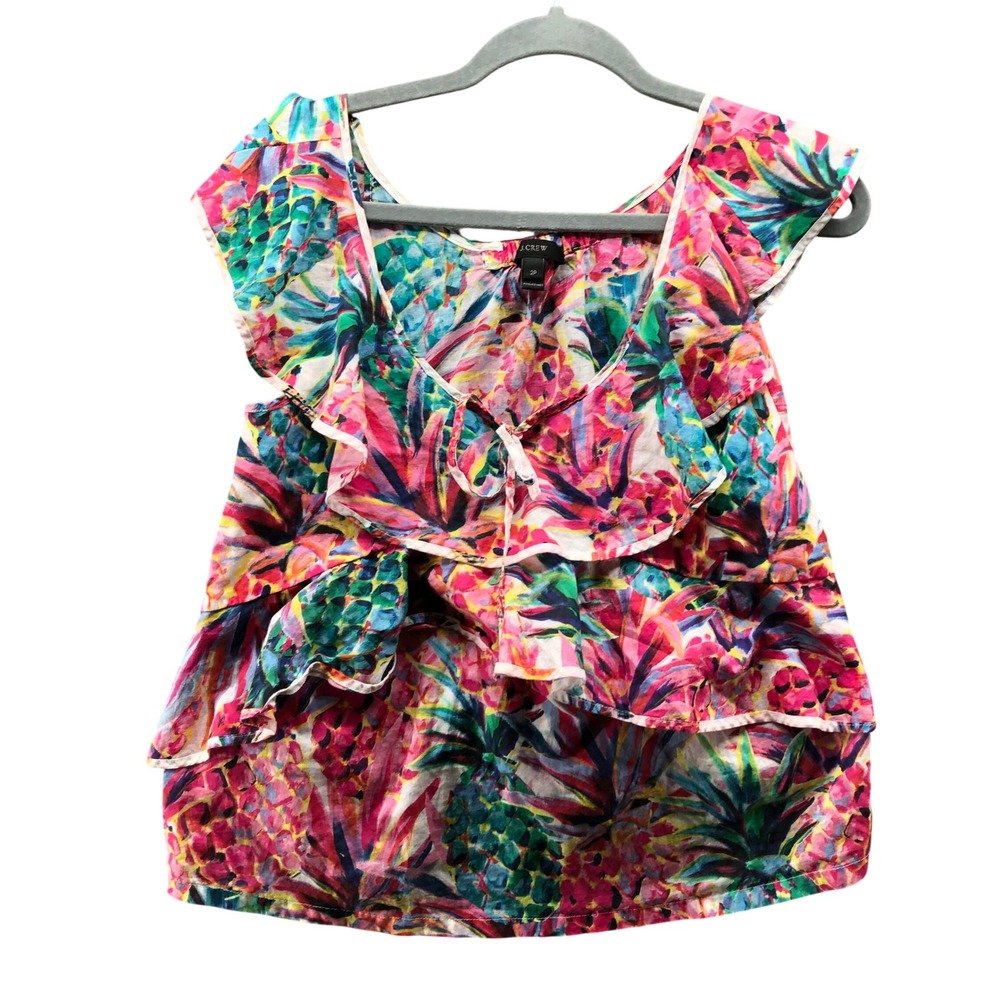 J.Crew Pineapple‎ Ruffle Tiered Top Womens 2P Pink Sleeveless Tropical Resort
